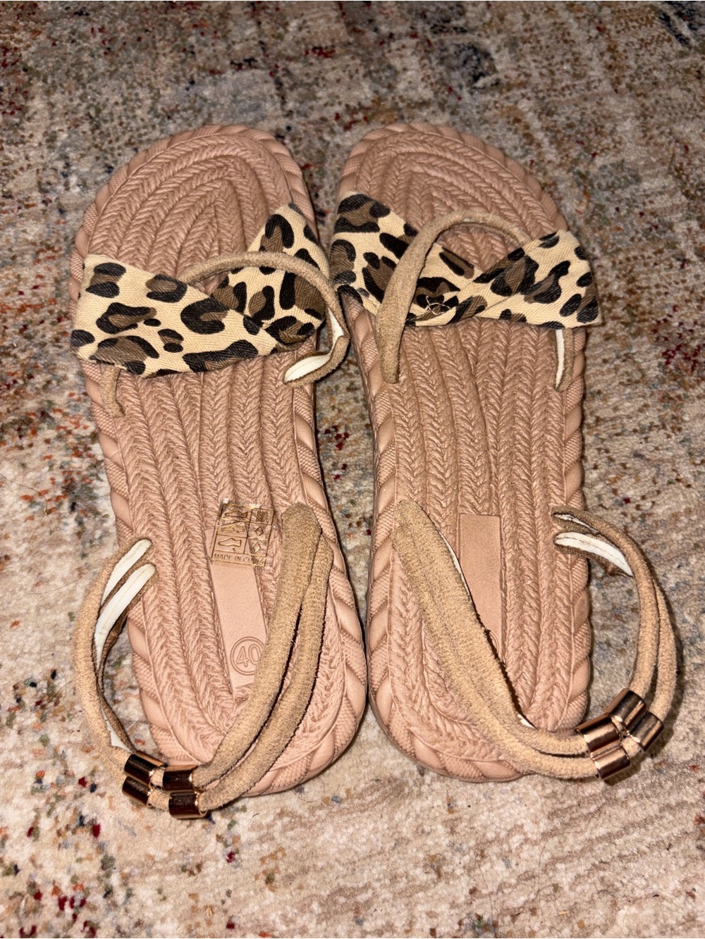 Beige Rope Slide Sandals with Leopard Accent